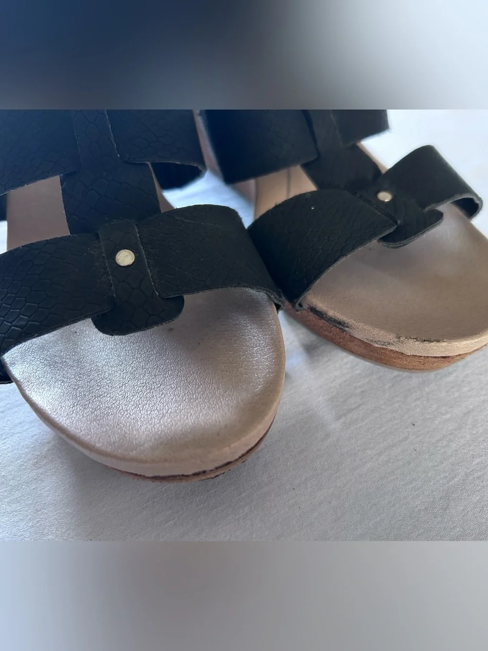 Dr. Scholl's Black Textured Strappy Wedge Sandals with Wood-Tone Heel